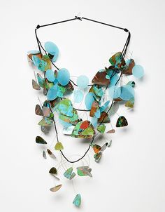 Sedona Kinetics Necklace by Takara Beatheagudell (Mixed-Media Necklace) | Artful Home Plastic Bottle Cap Jewelry, Raku Jewelry, Paper Mache Jewelry, Hand Embroidered Necklace, Jewelry Assemblage, Soldered Pendants, Laser Cut Paper, Boho Statement Necklace, Vintage Paper Background