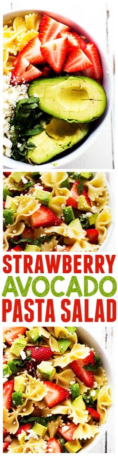 strawberry avocado pasta salad with fresh strawberries