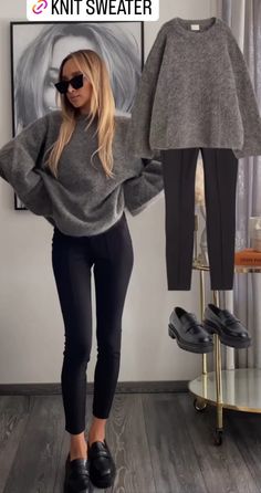 Trendy Loafer Outfit, Penny Loafers For Women Outfits Fall, Loafer Leggings Outfit, Fall 2023 Fashion Trends Business Casual, Grey Sweater Black Pants Outfit, Charcoal Top Outfit, Chunky Loafer Winter Outfit, Black Chunky Sweater Outfit, Grey Chinos Outfit Women