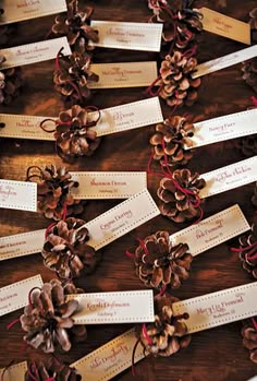 pine cones are arranged on the table with name tags attached to each piece of paper