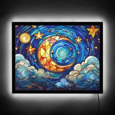 a stained glass panel with stars and moon in the sky above clouds on a black background