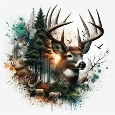 a deer with antlers is surrounded by trees and watercolor paint splatters