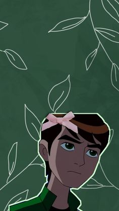 a drawing of a boy with leaves on his head and green shirt, standing in front of a blackboard