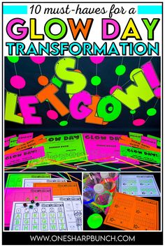 a poster with the words glow day in different colors and numbers on it, along with pictures