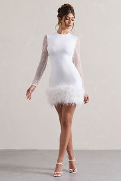 Mariana White Lace Long-Sleeve Mini Dress With Feather Trim – Club L London - USA Dress With Feather Trim, Long Sleeve Lace Mini Dress, Black Dress Prom, Engagement Parties, Black Tie Gala, Flashing Lights, Feather Trim, Maxi Dress Prom, Christmas Party Dress