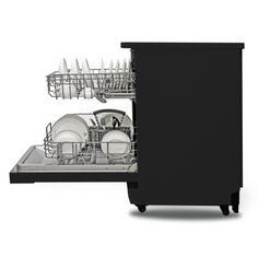 an open dishwasher sitting on top of a black cabinet with dishes in it