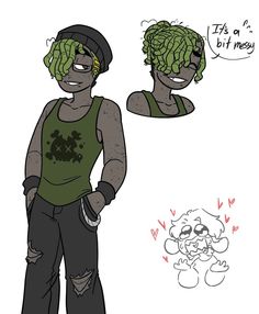 a drawing of a person with green hair and an expression that says it's a bit messy