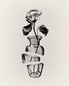 a black and white drawing of a flower in a vase with ribbon wrapped around it