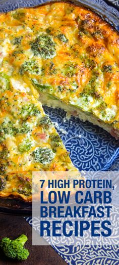 a broccoli and cheese quiche on a blue plate