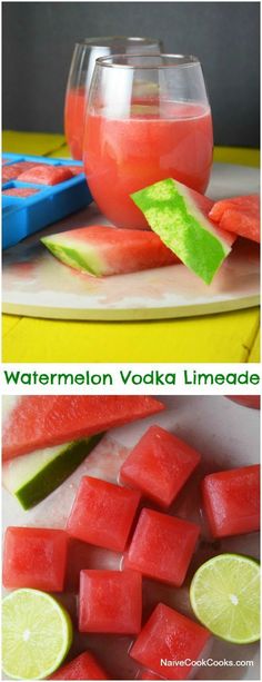 watermelon vodka limeade in a glass next to slices of watermelon