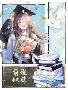 a girl in graduation cap holding flowers and books