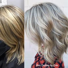 Icy Grey Blonde Hair With Lowlights, Grayish Blonde Hair Highlights, Blonde To Grey Transition, Grayish Blonde Hair, Gray Blending, Grey Blonde Hair, Grey Hair Transformation, Hair Color Blonde, Grey Highlights