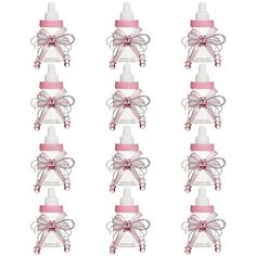 baby bottles with pink bows and pearls on them, set of 12 for babies to drink