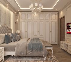 a bedroom with white furniture and chandelier