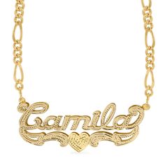 Double Plated Name Necklace "Camila" with Figaro chain - MonogramHub.com Customized Nameplate Jewelry In White Gold, Customized White Gold Nameplate Jewelry, Figaro Chain Nameplate Jewelry For Anniversary, Elegant Nameplate Necklace With Figaro Chain, Anniversary Silver Name Necklace With Figaro Chain, Silver Figaro Chain Nameplate Necklace, Custom Silver Nameplate Jewelry, Custom Silver Jewelry With Name, Yellow Gold Figaro Chain Nameplate Necklace