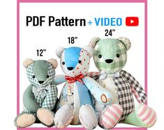 three teddy bears sitting next to each other on a pink and white background with the text pattern video