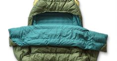 an open sleeping bag sitting on top of a white floor