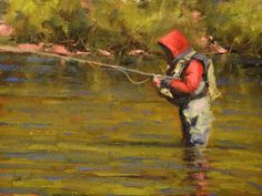 a painting of a man standing in the water holding a fishing rod and wearing a red hat