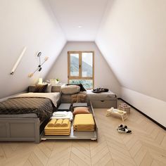 a bed room with a neatly made bed next to a window and a desk in the corner