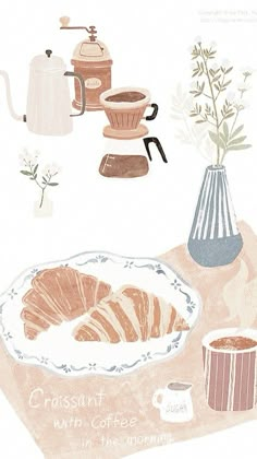 an illustration of croissants with coffee in the morning