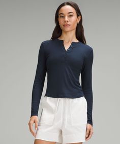 This Lightweight Everyday Henley Has Just-Right Softness, Just-Right Stretch, And A Snug Fit That Feels Like A Second Skin. Designed For Casual. Contours Your Body:not Too Short, Not Too Long, Just Right Around The Waistband. Wear The Front Buttons Open Or Closed. | Hold Tight Long-Sleeve Henley Versatile Lululemon Tops For Fall, Versatile Everyday Tops By Lululemon, Versatile Everyday Lululemon Tops, Fitted Long Sleeve Lululemon Tops, Fitted Lululemon Tops, Women's Henley, Modal Fabric, Dress Bra, Short Coat Jackets