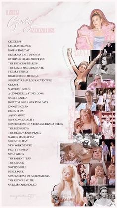 a collage of photos with the names of women in pink and white on them