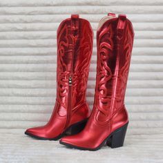 Electric Cowboy Brush Metallic Matte Western Knee High Cowgirl Boots Red | Totally Wicked Footwear Fall Red High Heel Mid-calf Boots, Red High Heel Mid-calf Boots For Fall, Red High Ankle Mid-calf Boots For Winter, Red Mid-calf Boots With Round Toe For Winter, Red High Ankle Heeled Boots For Winter, Red Round Toe Mid-calf Boots For Fall, Red Winter Mid-calf Boots For Party, Red Mid-calf Boots For Winter Party, Red Mid-calf Winter Party Boots