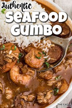 a bowl filled with seafood gumbo and rice