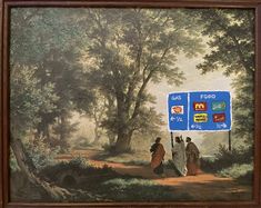 a painting with people walking down a dirt road next to a forest filled with trees