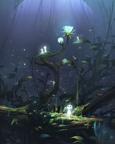 an animated scene with plants and mushrooms in the water