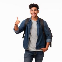 a young man with a backpack gives the thumbs up while standing against a white background