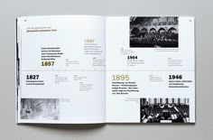 an open book with black and white photos on it's pages, showing the history