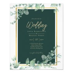 a wedding card with green leaves and gold frame