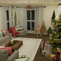 a living room decorated for christmas with presents on the floor and trees in the corner