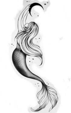 a black and white drawing of a mermaid with long hair