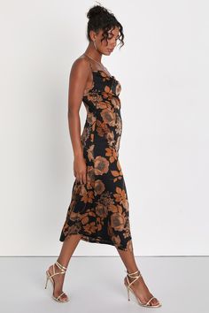 Make the most of any elegant evening by wearing a sensational look like the Lulus Favorite Icon Black Floral Satin Cowl Neck Slip Midi Dress! Luxe woven satin boasts a unique, vintage-inspired floral print throughout as it shapes a sleeveless bodice with a draping cowl neckline and adjustable spaghetti straps. The sexy, slip-style silhouette will effortlessly flatter your figure as it continues down to a sophisticated midi hem. Hidden back zipper/clasp. Fit: This garment fits true to size. Lengt Black Silk Midi Dress With Floral Print, Black Silk Floral Print Midi Dress, Elegant Floral Print V-neck Slip Dress, Elegant V-neck Floral Print Slip Dress, Black Printed V-neck Midi Dress, Floral Satin Dress, Slip Midi Dress, Black Floral Dress, Adhesive Bra