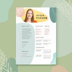 a modern resume template with flowers and leaves on the background, it is ready to be used