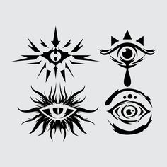 four different types of eye and sun tattoos on a white background, each with an individual's own image