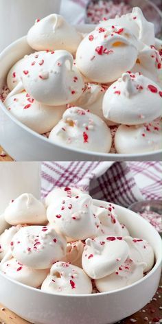 two pictures of white desserts with red sprinkles in a large bowl