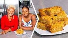 two women sitting in front of a plate of food and one is smiling at the camera