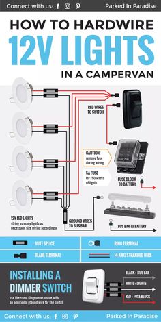 the diagram shows how to wire 12v lights in a campervan and what they are