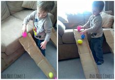 two photos of a young boy playing with balls in a cardboard box on the floor