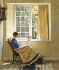 a painting of a woman sitting at a window sill