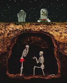 two skeletons are standing in the middle of a cave with tombstones on either side