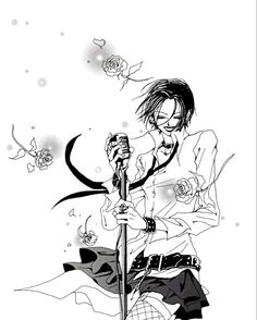 a black and white drawing of a man holding a microphone with roses in the background