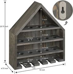 a wooden shelf with several compartments and measurements