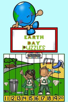 the earth day puzzles are on display in front of a sign with two children standing next to each other