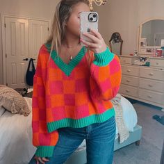 Boutique Spring Sweater! New With Tags! Quirky Fashion Winter, Bright Colored Clothes, Colourful Sweater Outfit, Crochet Checkered Sweater, Bright Fall Outfits, Crochet Color Palette, Bright Color Outfits, Colorful Winter Fashion, Sweaters Colorful