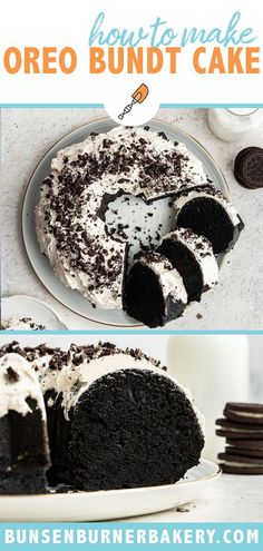 an oreo bundt cake is cut into slices