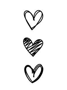 three hearts drawn in black ink on a white background